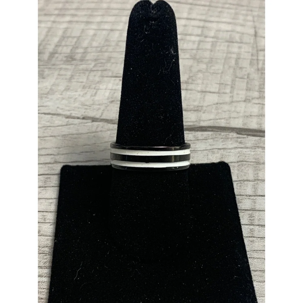 Black Band Ring with Double White Enamel Stripes Size 10.25 Modern Minimalist